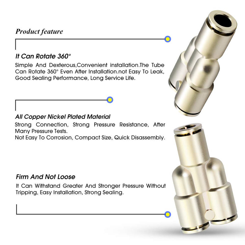 [Australia - AusPower] - TAILONZ PNEUMATIC 1/4 Inch OD Copper Nickel Plating Push to Connect Air Fittings Tee Straight Union Connect Pneumatic Fittings PY-1/4（Pack of 5) 1/4"OD 