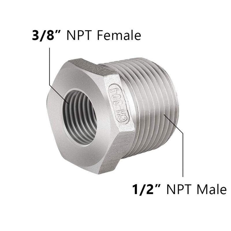 [Australia - AusPower] - Feelers 304 Stainless Steel Reducer Hex Bushing, 1/2" Male NPT x 3/8" Female NPT Reducing Cast Pipe Fitting (Pack of 2) 1/2"x3/8" 2Pcs 