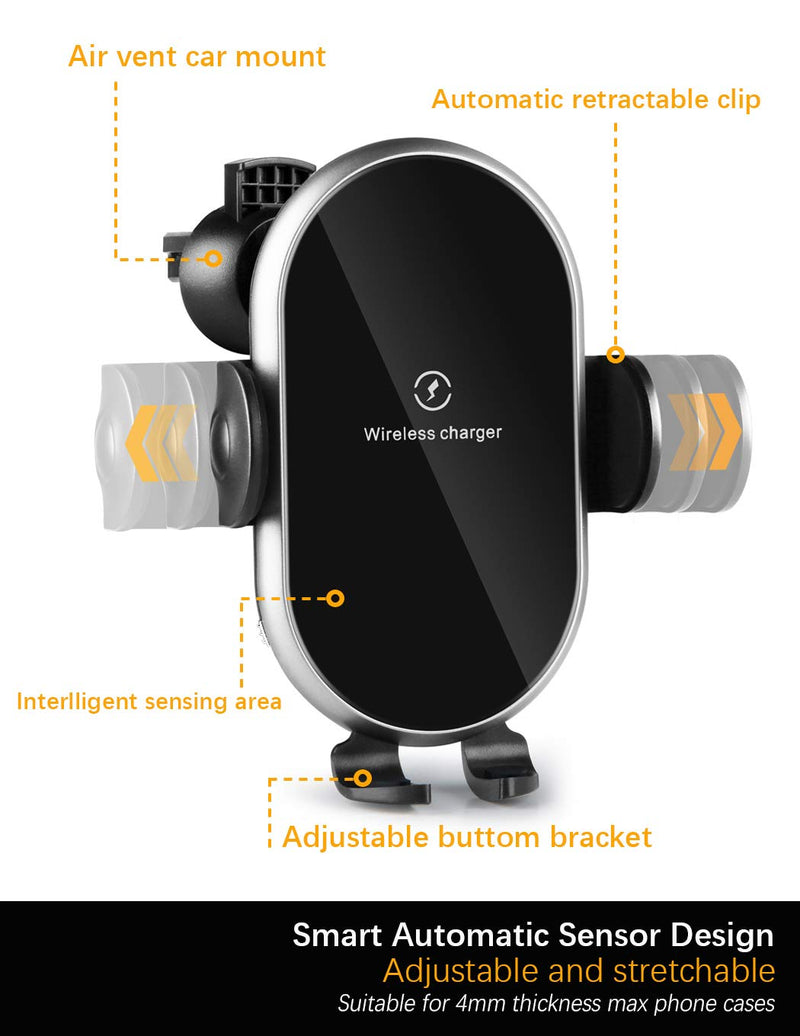 [Australia - AusPower] - Senlleo Wireless Car Charger Mount, 10W/7.5W Wireless Fast Charging Car Mount : Auto-Clamping Air Vent Cradle & Phone Charger Holder Compatible with iPhone Samsung Android Smartphone (Black + Silver) Black&Silver 