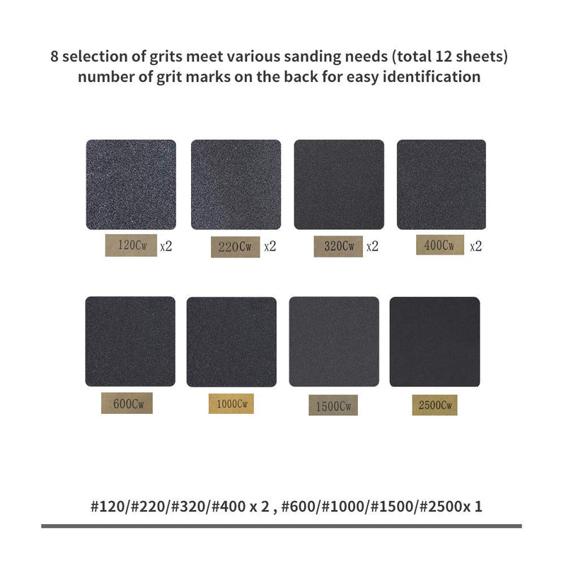 [Australia - AusPower] - Sandpaper 120 to 2500 Grit Sand Paper with Sanding Block Sander, Wet Dry Waterproof Abrasive Sanding Sheets Assortment for Automotive Car Wood Metal Glass Polishing Finishing, 9х3.6 Inch 12 PCS / 120 to 3000 Grit + Block Sander 