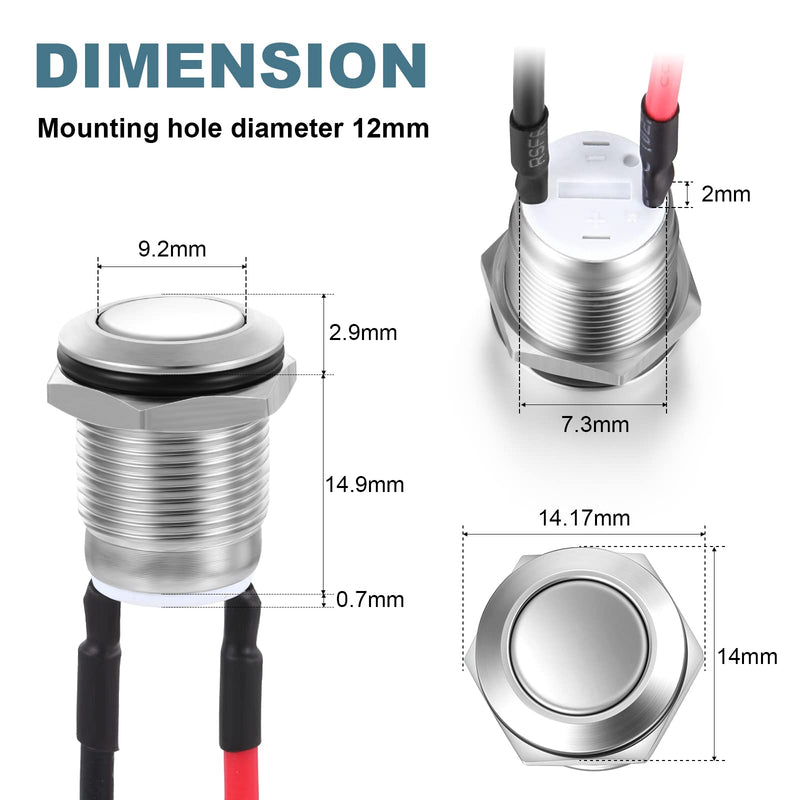 [Australia - AusPower] - 10 Pieces 12 mm Momentary Push Button Switch Silver Shell Waterproof Push Button Switch Round Momentary Switch with Pre Wiring, Stainless Steel 1 Normally Open Without Led 