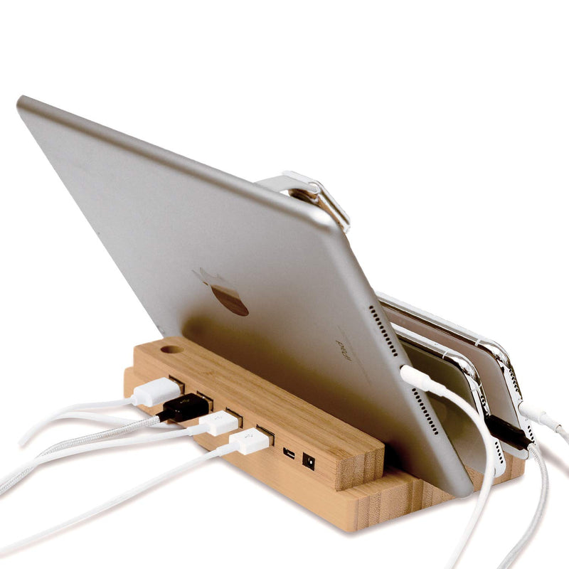[Australia - AusPower] - Audiology Bamboo Charging Station Multi Device Charging Station for Phones, Tablets, Watches with Four USB Ports and USB Cable a) iPhone/iWatch Stand 