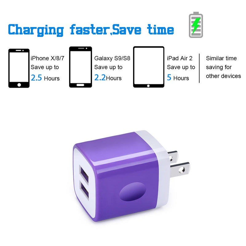 [Australia - AusPower] - 5 Pack USB Charger Wall Plug HUHUTA Dual Port 2.1A USB Phone Charger Adapter Block Box Replacement Fast Charging Plug Compatible for iPhone Xs, iPad, Samsung Galaxy S21 S20 S9, Google Pixel and More blue,green,black,rose,purple 