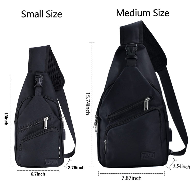 [Australia - AusPower] - Sling Bag for Men Women Shoulder Backpack Chest Bags Crossbody Daypack with USB Cable for Hiking Camping Outdoor Trip Small (13" x 6.7" x2.76") Black 