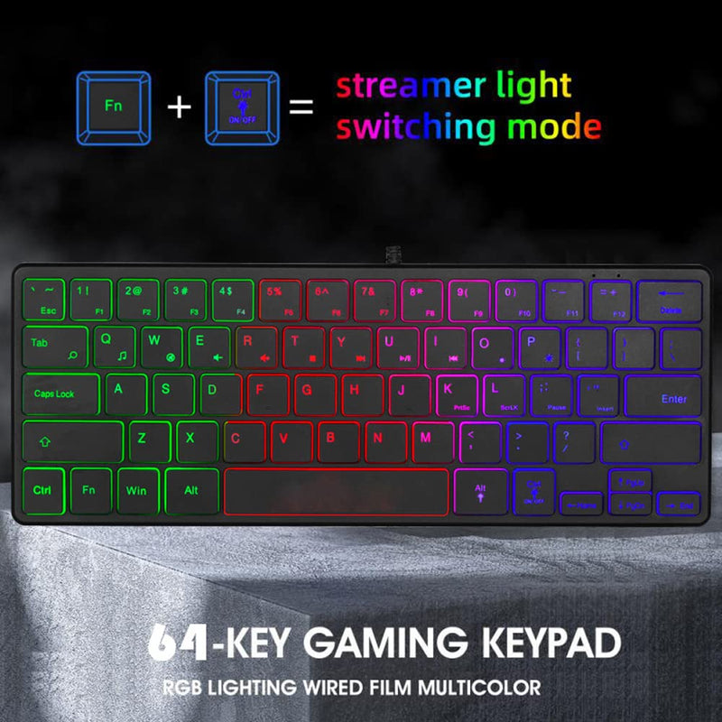 [Australia - AusPower] - Gaming Keyboard, 64 Keys Compact Ultra Thin Portable Wired Keyboard with Silent Click RGB Backlit Ergonomic Stand, 60% Mini Keyboard for Gamers Office Mac Windows PC Laptop (Black) Black 