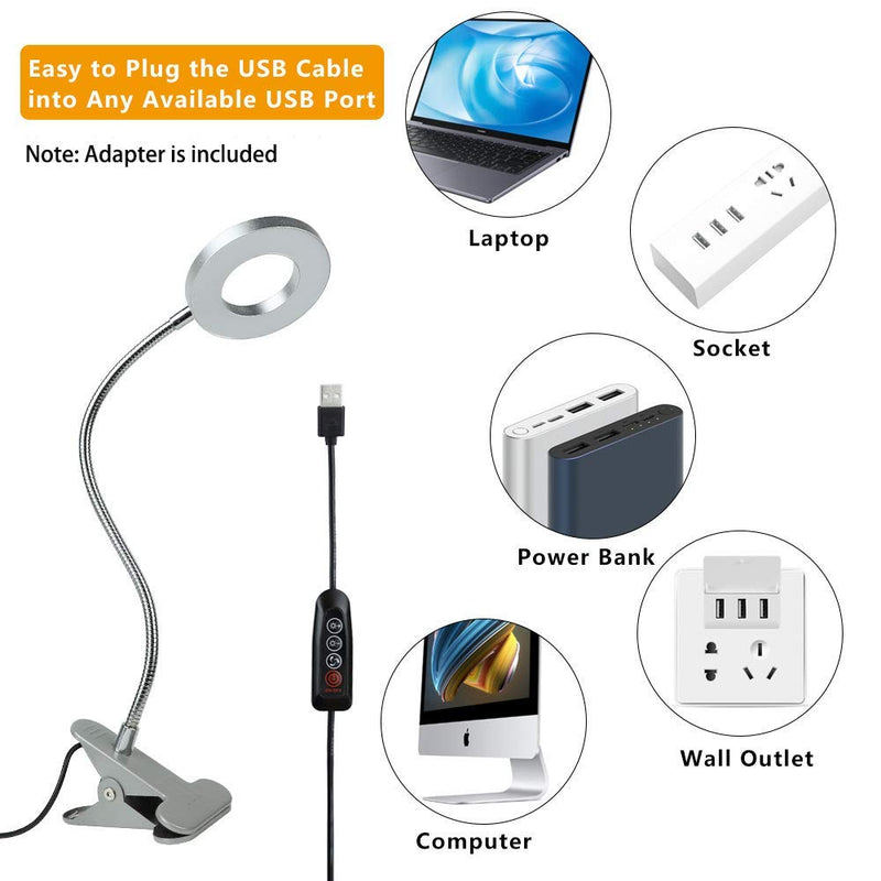 [Australia - AusPower] - DLLT Dimmable Clip on Reading Light, 48 LED USB Bed Night Lights with 3 Colors, 15 Brightness Level Book Light Flexible Clamp for Makeup Mirror, Desk, Bedside, Headboard, Piano, Computer Light(Silver) Silver 