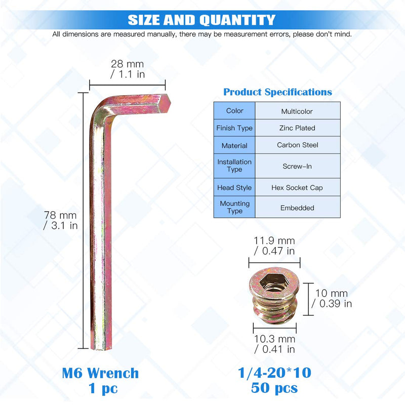[Australia - AusPower] - Glarks 50Pcs 1/4"-20x10mm Threaded Inserts Nuts Zinc Plated Carbon Steel Hex Socket Drive Furniture Flanged Screw-in Nut with M6 Hex Wrench for Wood Furniture (1/4"-20 x 10mm) 1/4"-20 x 10mm 