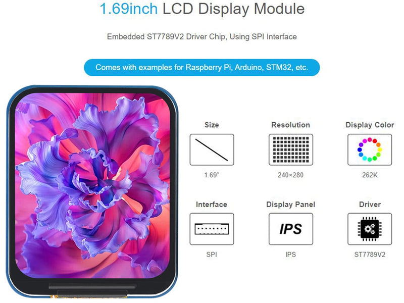 [Australia - AusPower] - waveshare 1.69inch LCD Display Module, 240x280 IPS Screen, 262K RGB Display Colors, SPI Interface,Embedded ST7789V2 Driver chip, Using SPI Interface, Compatible with Arduino,Raspberry Pi, STM32, etc. 