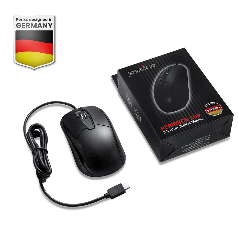 [Australia - AusPower] - Perixx PERIMICE-209C USB Type C Wired Optical Mouse - 5.9 Ft Cable - 1000 DPI - Black, (11994) 