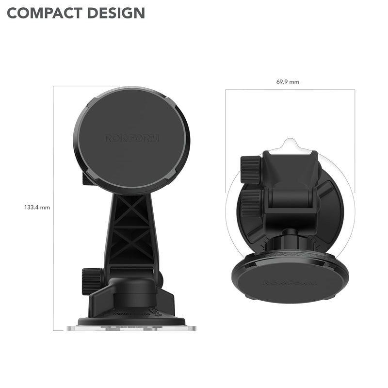 [Australia - AusPower] - Rokform - Adjustable Magnetic Windshield Phone Mount, Compatible with All Rokform Cases and MagSafe Phones Cases, Secured by Strong Suction Cup Base, 210° of Tilt and 360° of Rotation (Black) 