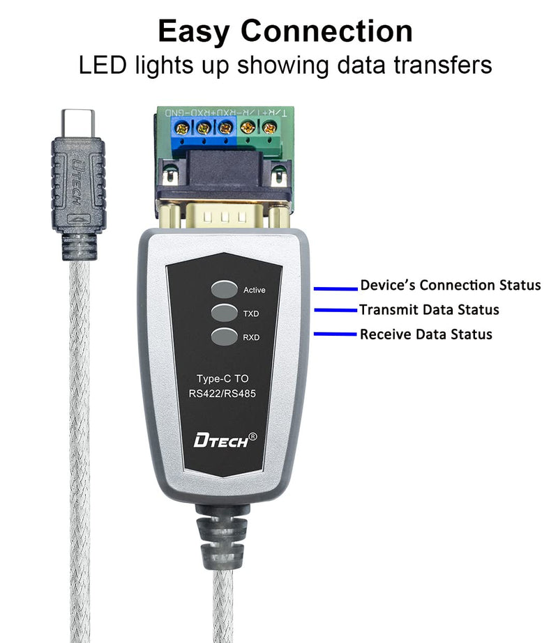 [Australia - AusPower] - DTECH RS485 Cable USB C to RS422 Serial Adapter with FTDI Chip Breakout Board LED Indicators RS-422 RS-485 Converter Supports Windows 11 10 8 7 XP Mac (5 Feet) 