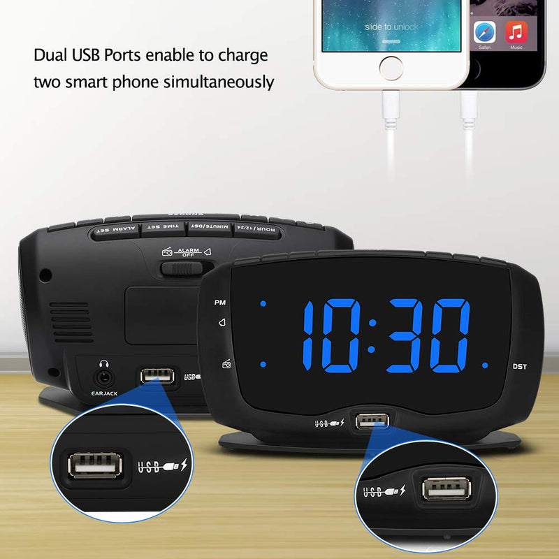 [Australia - AusPower] - DreamSky Radio Alarm Clock with Dual USB Charging Ports for Bedroom, 1.4 Inches Blue Digits with Adjustable Dimmer, DST, Digital FM Radio Clock with Snooze 12/24H Black and Blue 