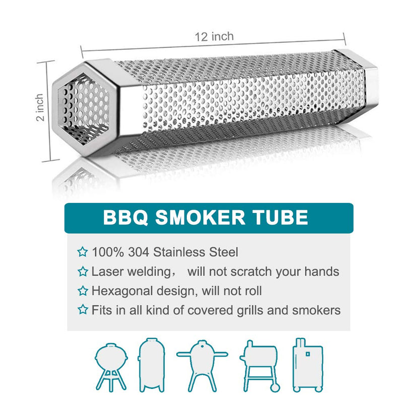 [Australia - AusPower] - Aushucu 2pcs Smoker Tube 12in Pellet Smoker Tube Stainless Steel Smoke Tube for Hot or Cold Smoking 5 Hours of Billowing smoke Portable BBQ Smoking tube Generator Electric Charcoal Gas Grill Smoker 