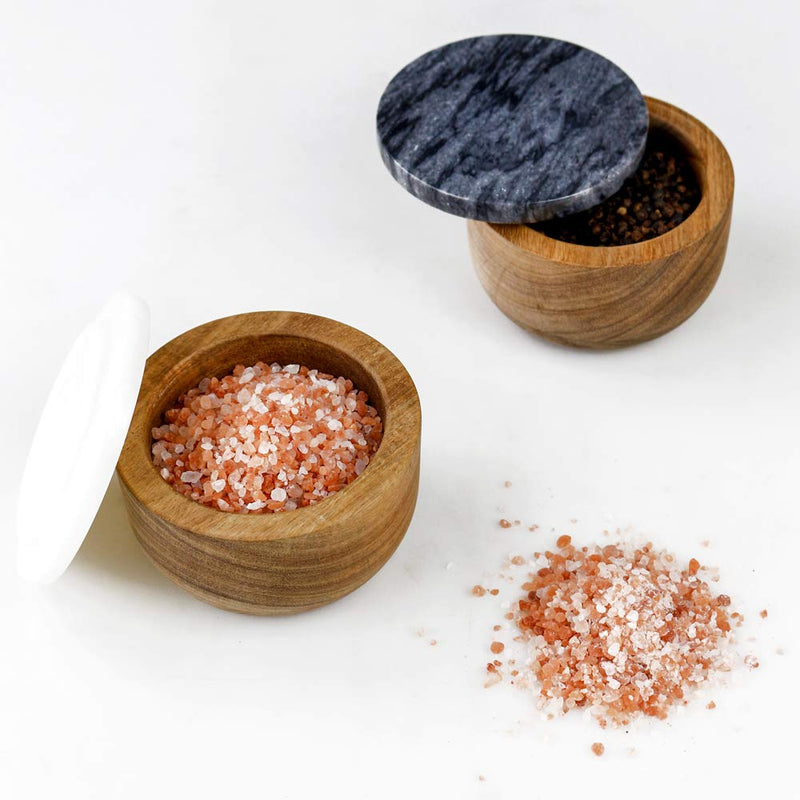 [Australia - AusPower] - jalz jalz Large Wood Salt Box with Spoon Spice Seasonings Keeper Solid Natural Acacia Base White Marble Lid Elegant Design Decorative Boxes Big Capacity White Cover 