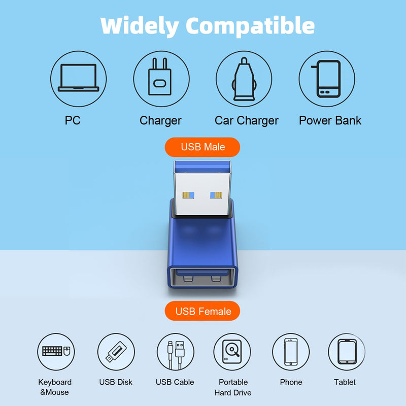 [Australia - AusPower] - AreMe 90 Degree USB 3.0 Adapter 2 Pack, Up and Down Angle USB A Male to Female Converter Extender for PC, Laptop, USB A Charger, Power Bank and More (Blue) Up/Down Blue 
