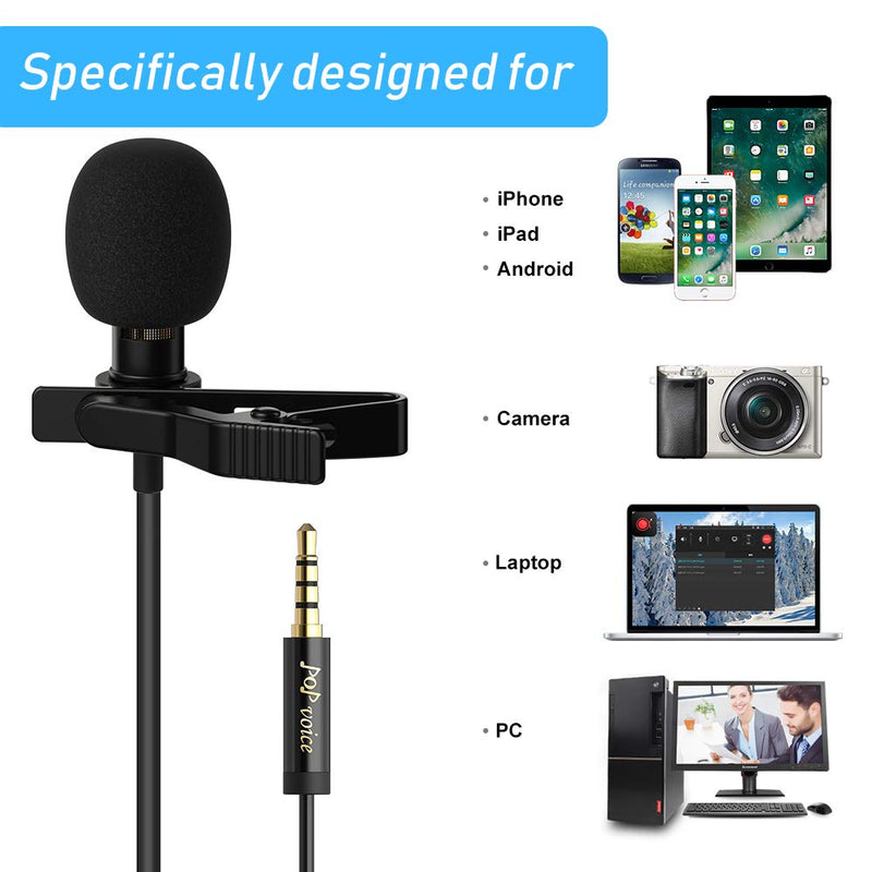 [Australia - AusPower] - PoP Voice 12.8 Feet Lavalier Lapel Microphone Professional Grade Omnidirectional Mic Condenser Small Mini Perfect for Recording Podcast PC Laptop Android iPhone YouTube Interview Asmr External 