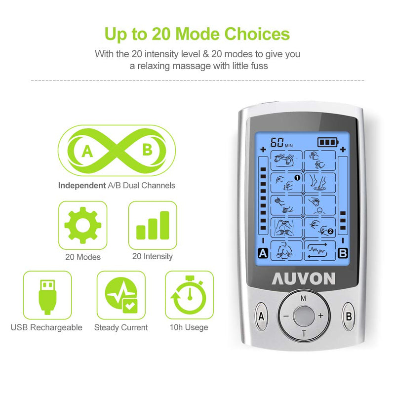 [Australia - AusPower] - AUVON Dual Channel TENS Unit Muscle Stimulator Machine with 20 Modes, 2" and 2"x4" TENS Unit Electrode Pads 