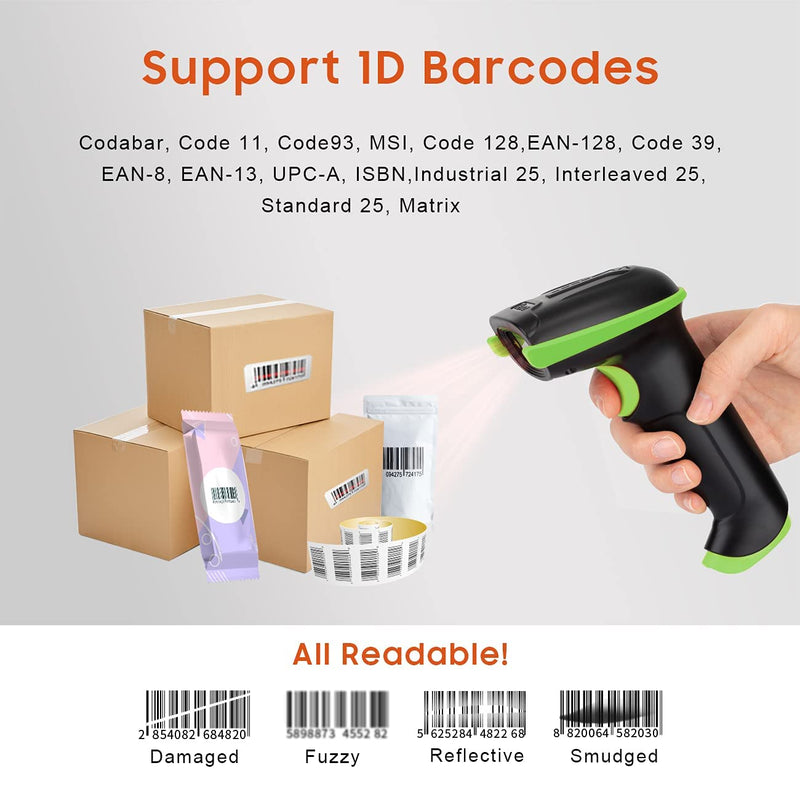 [Australia - AusPower] - Tera Barcode Scanner Wireless Versatile 2-in-1 (2.4Ghz Wireless+USB 2.0 Wired) with Battery Level Indicator 328 Feet Transmission Distance Rechargeable 1D Laser Bar Code Reader USB Handheld (Green) Green 