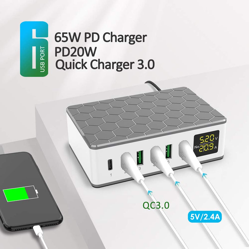 [Australia - AusPower] - KitBox 65W 6-Port Charging Stations 20W USB C Power Adapter iPhone 12 Charger Block Multi Port Charger Hub Fast Charge for USB/Type-c/Micro USB Devices e.g.iPad iPhone Samsung Huawei Phone etc 