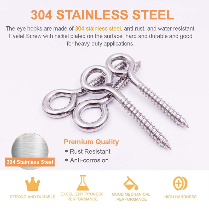 [Australia - AusPower] - 12-Pack 304 Stainless Steel Screw Eyes, Heavy Duty Screw in Eye Hooks Ring for Yoga, Swing Chair, Indoor & Outdoor, Self Tapping, 3.2" 