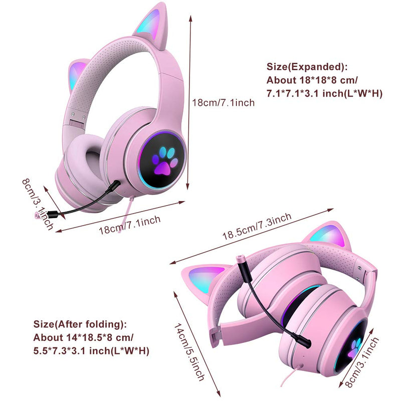 [Australia - AusPower] - Cat Ear Wired Gaming Headsets with Mic RGB LED Light, 3.5MM Noise Reduction Flashing Glowing Headphones,7.1 Stereo Sound Surround Gamer Headphones for PS 4, PS5,PC, Phone grey&pink 