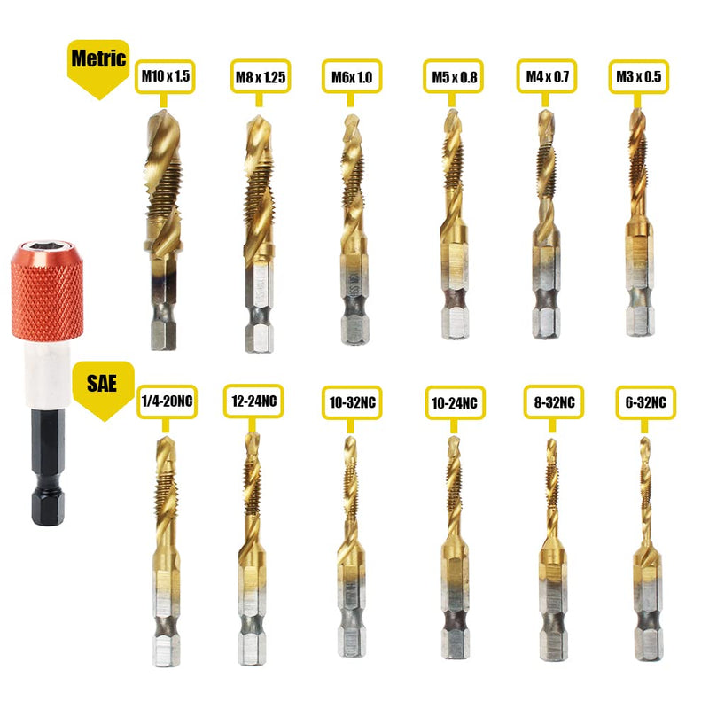 [Australia - AusPower] - AUTOTOOLHOME Titanium Combination Drill Tap Bit Set 13PCS SAE and Metric Tap Bits Kit for Screw Thread Drilling Tapping Deburring Countersinking 