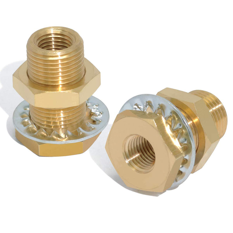 [Australia - AusPower] - KOOTNAS 2-Pack Solid Brass Bulkhead Fittings, 1/4 NPT Taper Female 3/4" Straight Male Thread Brass Connector with Metal Wave Ring, 1-1/2" Length Brass Coupling Fitting 1/4 NPT Taper Female, with Metal Ring 