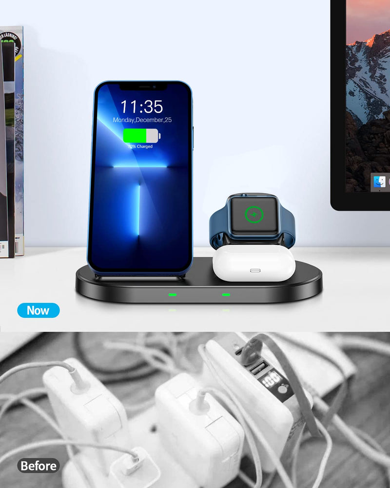 [Australia - AusPower] - Wireless Charger -3 in 1 15W Fast Charging Station,Replacement for iPhone 13/12 / 11 Series/XSMax/XR/XS/X/8 Plus and iWatch 7/SE/6/5/4/3/2 & AirPods 2 / Pro Max Mini WAITIEE for Samsung Charger Dock Black 