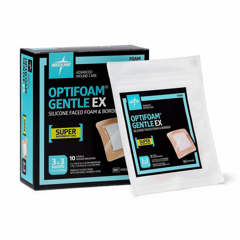 [Australia - AusPower] - Medline Optifoam Gentle EX Bordered Foam Adhesive Dressing, 3" x 3" Square (10 Count) 3" X 3" Box 