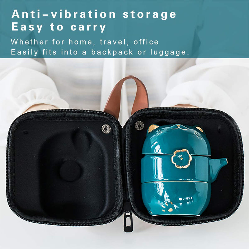 [Australia - AusPower] - Portable Ceramic Tea Cup Set: Lucky Cat Porcelain Teapot Set with Tea Strainer - Lids and 1 Shockproof Storage Case - Suitable for Travel - Outdoor Picnic - Office Work - Home - Green 