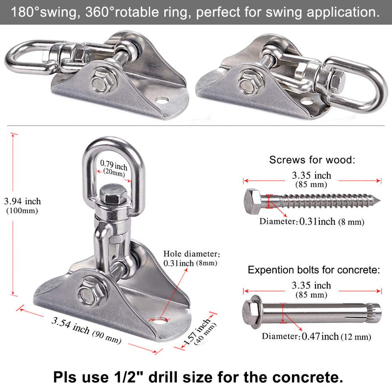 [Australia - AusPower] - BeneLabel Permanent Antirust Stainless Steel Heavy Duty Swing Hanger, 1000 LB Capacity, 2 Screws for Wooden and 2 Expansion Bolts for Concrete, Yoga Hammock Chair Sandbag Swing Sets, 360° Swing 