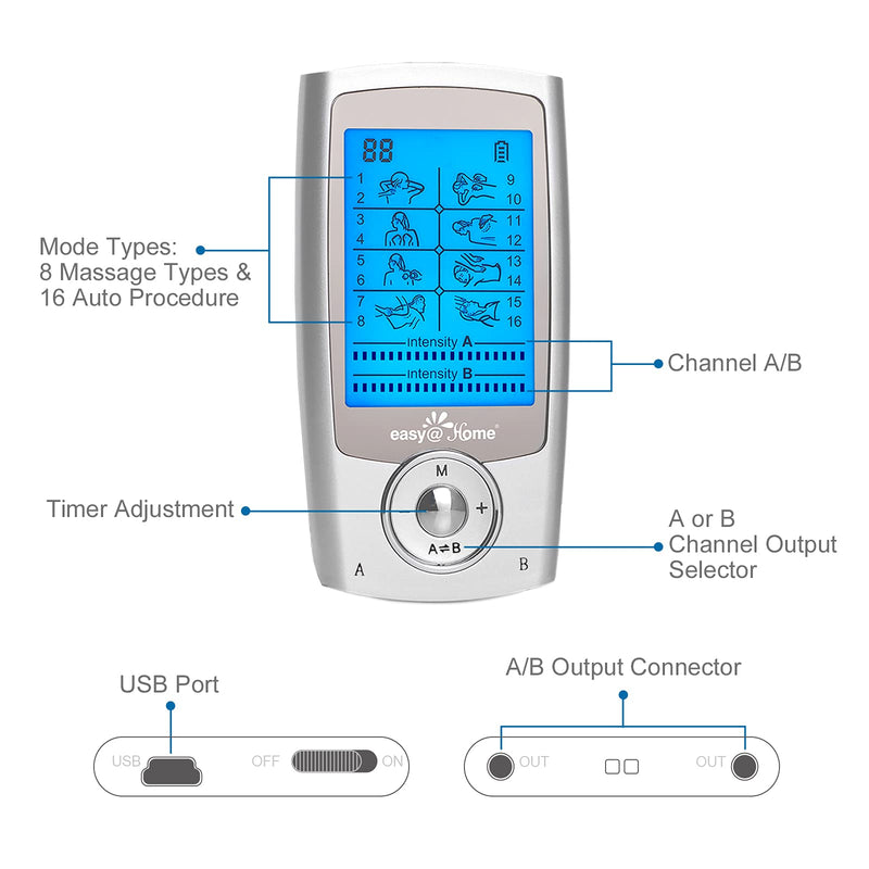 [Australia - AusPower] - Easy@Home Rechargeable TENS Unit + EMS Muscle Stimulator, 2 Independent Channels, 20 Intensity Levels, 8 Massage Types+16 Modes, 510K Cleared FSA Eligible Handheld Electronic Pulse Massager, EHE029G-B 