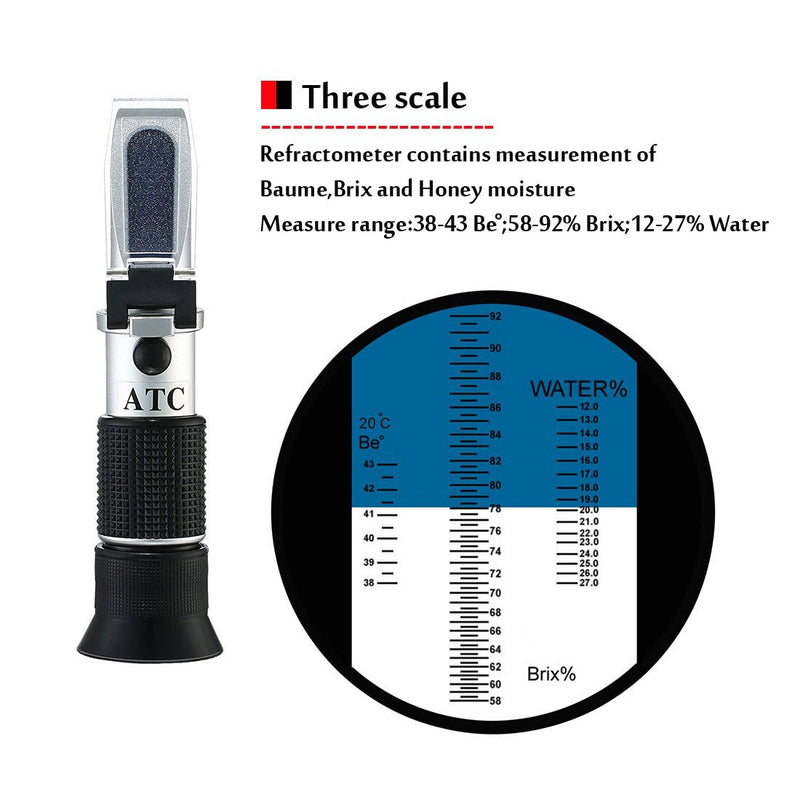 [Australia - AusPower] - Honey Refractometer,V-Resourcing Hand Held Be'(Baume)/Brix/Water Refractometer for Honey Test,Tri-Scale (Baume:38-43°;Brix:58-92%;Water:12-27%) 