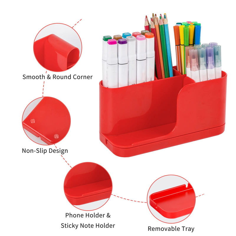 [Australia - AusPower] - Yesesion Pencil Holder with Phone Stand, Pen Holder for Desk, Multifunctional Desktop Accessories Organizer and Storage with Tray for Office Supplies, Marker Pens, School Classroom Stationery (Red) 