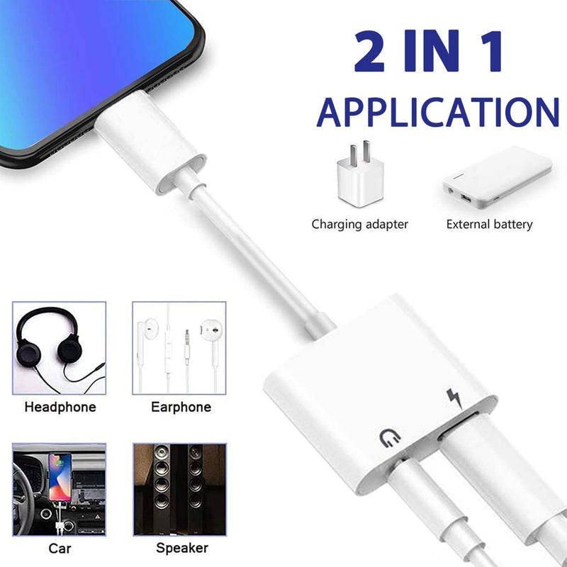 [Australia - AusPower] - Apple Lightning to 3.5 mm Adapter, iPhone to Aux Adapter Audio and Charger Splitter, 2 in 1 Headphone Adapter for iPhone Compatible with iPhone 7/7Plus/ 13/13Pro/ 12/12Pro /11/X/XR/XS/XSMax/8/8Plus A-White 