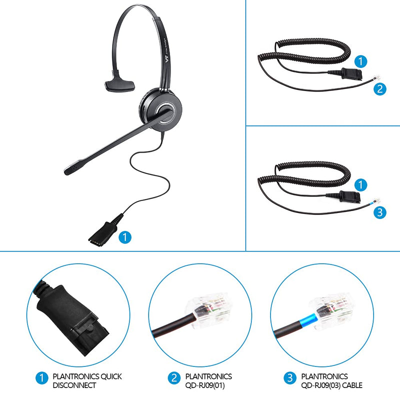 [Australia - AusPower] - Telephone-Headset Microphone Noise-Cancelling Headphone QD - Quick Disconnect Call Center Headset with RJ09 Cables for Polycom, Avaya, Yealink,Grandstream Phones 