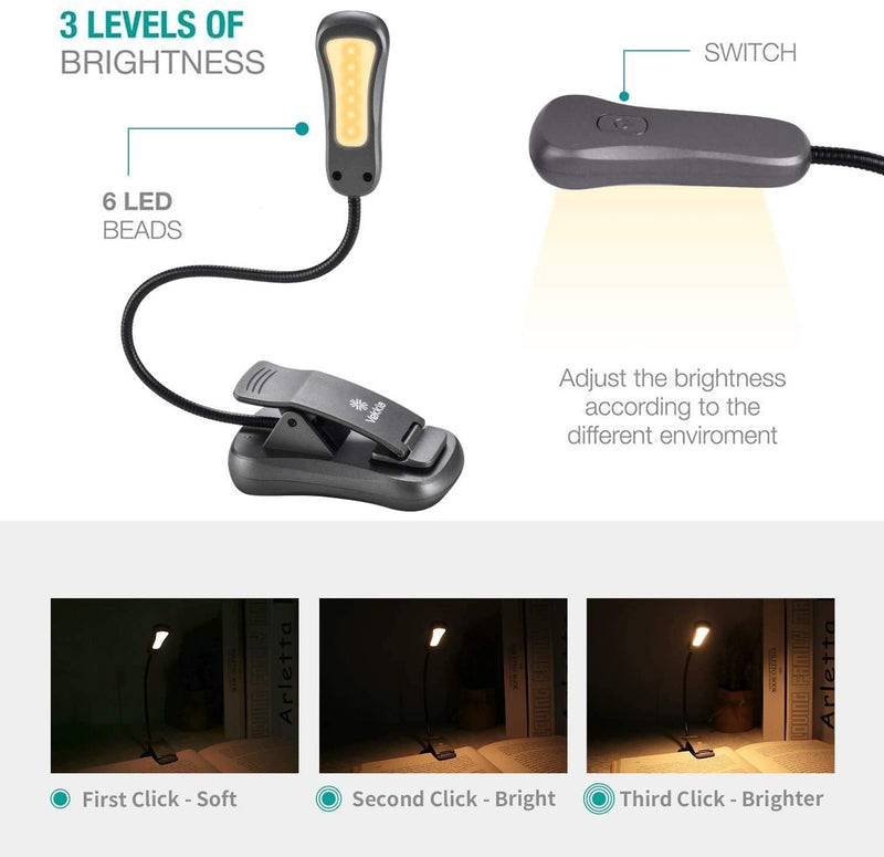 [Australia - AusPower] - Vekkia Rechargeable-Book-Light-for-Reading-in-Bed, 3000K Warm 6 LED 3 Brightness Lamp Iron 