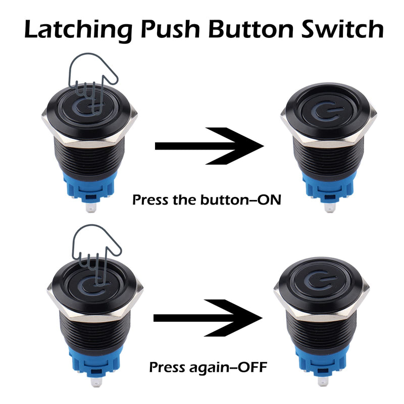 [Australia - AusPower] - DMWD 2PCS 19MM Latching Push Button Switch 12V-24V Power Symbol Light,Self Locking 1NO 1NC Waterproof ON/Off Black Metal Shell Button with Wire Socket Plug for 3/4’’ Mounting Hole(IP66,Green Light) Power Symbol Green 