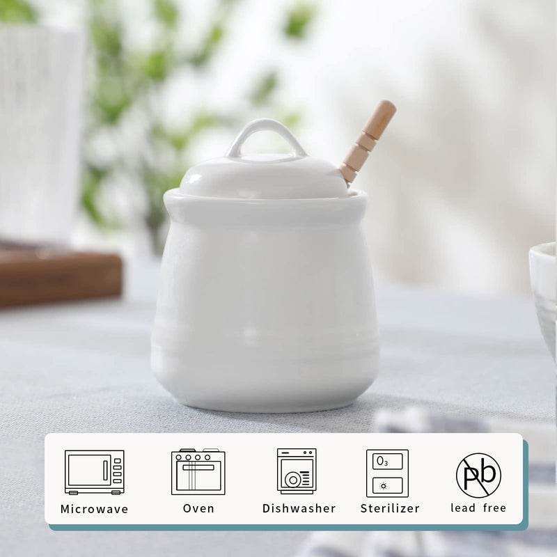 [Australia - AusPower] - HAOTOP Ceramic Honey pot with Lid and Honey Stick,Porcelain Honey Jar Easy to Clean and Dishwasher Safe,12oz (White) White 