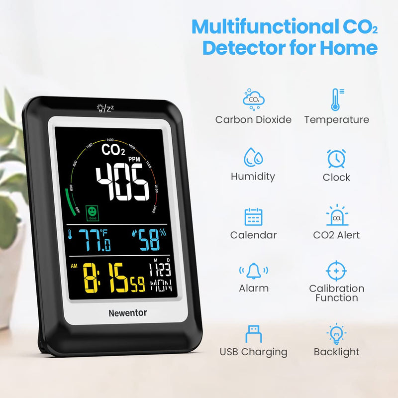 [Australia - AusPower] - Newentor CO2 Monitor, Air Quality Monitor Indoor Carbon Dioxide Detector with Voice Alert Large Display, Temperature Humidity Meters, Alarm Clocks for Home, RV, Gyms, Offices, Classrooms , 400-5000ppm 