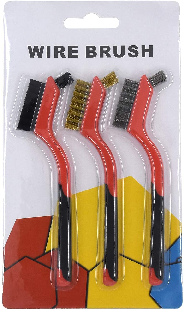 [Australia - AusPower] - QIXIAN Wire Brush Set 3pieces - Curved Handle Steel Brush, Brass, Nylon, Stainless Steel Brush Head, Used for deep Cleaning of Rust, Dirt, Paint scrubbing and Hard-to-Reach Areas ，7 Inches (Red) 