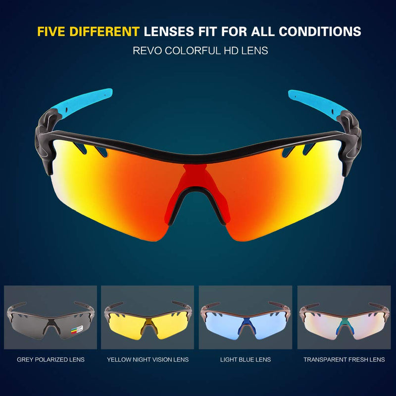 [Australia - AusPower] - Polarized Sports Sunglasses Cycling Sun Glasses for Men Women with 5 Interchangeable Lenes for Running Baseball Golf Driving Black Blue 