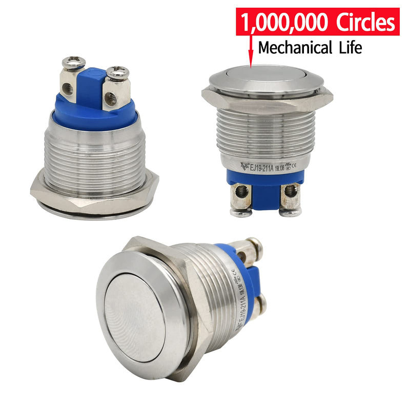 [Australia - AusPower] - 2PCS 19mm Momentary Push Button Switch Waterproof IP67 Stainless Steel 12V 24V 110V 120V 1NO Screw Terminal UL Listed (Silver, Flat Round) Silver 