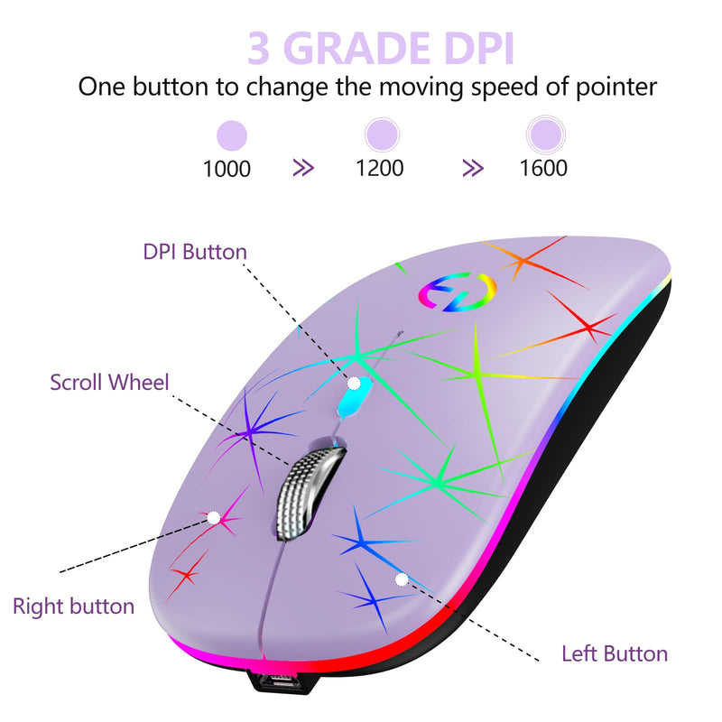 [Australia - AusPower] - Wireless Mouse, 2.4G Portable Optical Quiet RGB Mouse with USB Receiver and Type C Adapter, 3 Adjustable DPI Levels, Wireless Computer Mouse for Laptop, Computer, PC, MacBook, Desktop Purple 