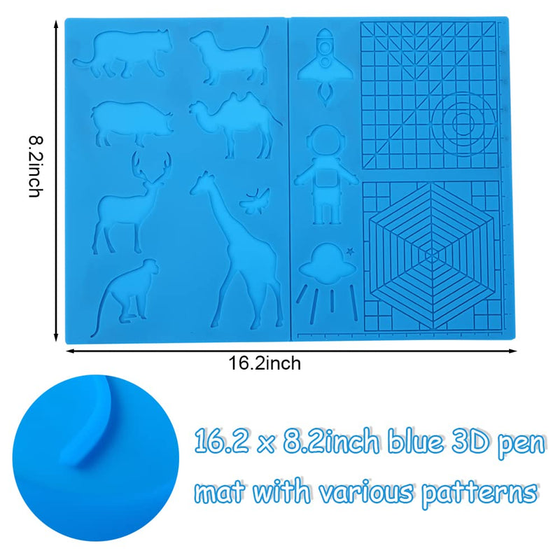 [Australia - AusPower] - 3D Pen Mat, 16.2 x 8.2 Inches Large 3D Printing Pen Mat Silicone Design with Different Patterns, Foldable Design 3D Pens Drawing Tools with 4 Finger Protectors for Kids Children Adults 