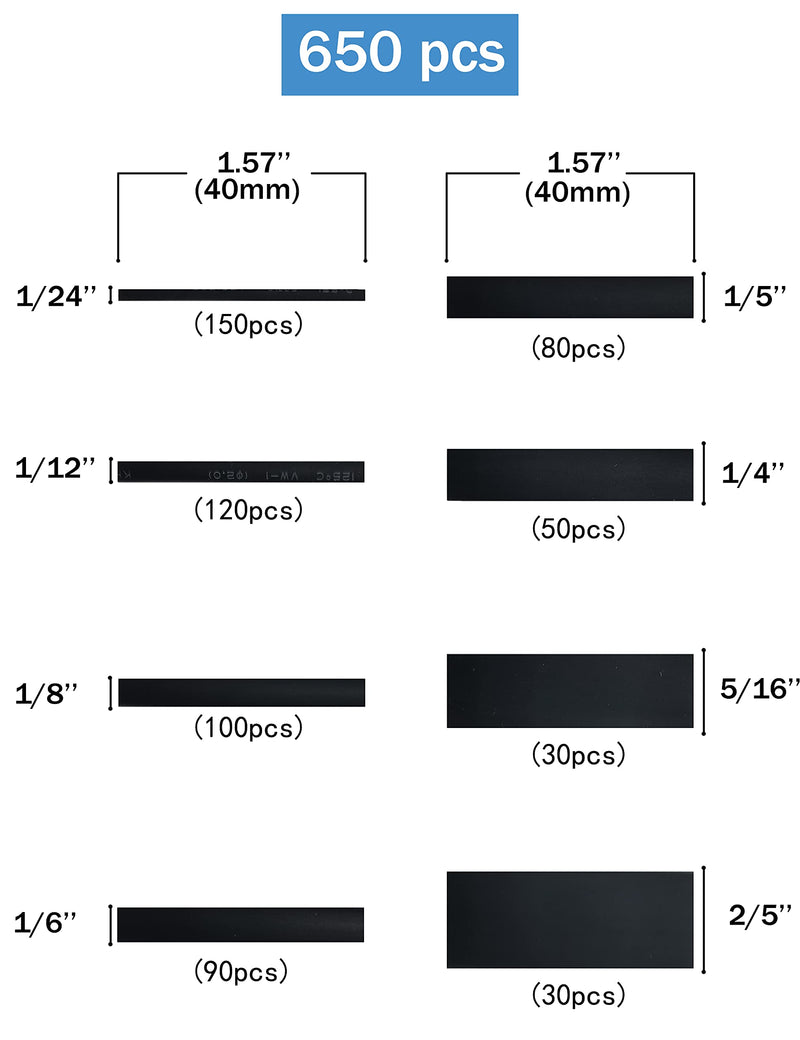 [Australia - AusPower] - 650pcs Heat Shrink Tubing Kit XuuHaa, Premium Heat Shrink Tubes Wire Shrink Wrap, Safe and Easy, Ratio 2:1 Electrical Cable Sleeve Assortment for Long Lasting Insulation Protection (8 Sizes, Black) 