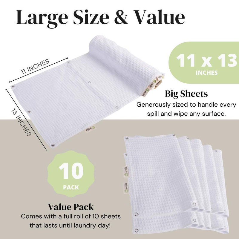 [Australia - AusPower] - Ecojia 10 SHEET Reusable Paper Towels with Snaps | Washable Roll & Sustainable 2-Ply Organic Cotton| Paperless Towels, Dish Cloths, Cleaning Rags Napkins, Natural white, 11 x 13 inch 