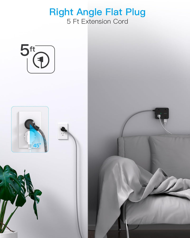 [Australia - AusPower] - Power Strip Surge Protector, 8 Outlets with 4 USB Charging Ports(2 USB C), 3 Side Outlet Extender with 5 Ft Braided Extension Cord, Flat Plug, Wall Mount, Desk USB Charging Station for Home Office ETL 5Ft Black 