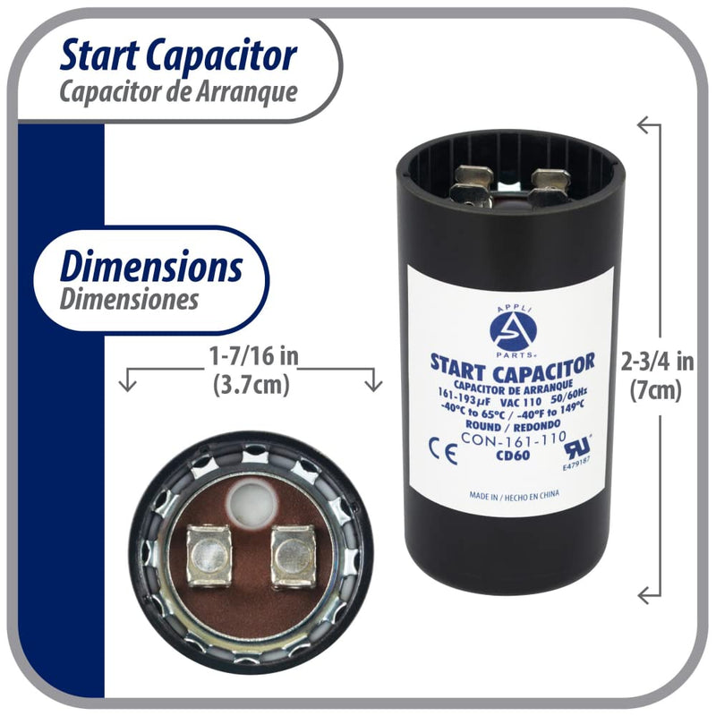 [Australia - AusPower] - Appli Parts motor start capacitor 161-193 Mfd (microfarads) uF 110-125VAC universal fit for electric motor applications 1-7/16 in Diameter 2-3/4 in Height CON-161-110 110-125 Vac 