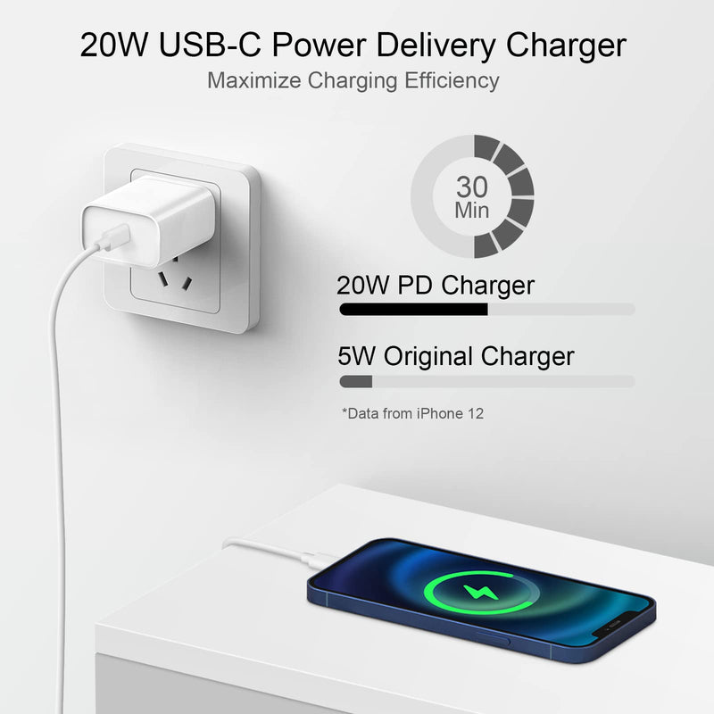 [Australia - AusPower] - iPhone 13 12 Charger, Apple MFi Certified> 20W PD USB C Wall Charger Block iPhone Fast Charger with 6FT Type C to Lightning Cable, iPhone Charger Compatible with iPhone 13 12 11 Pro Max iPad iPod 